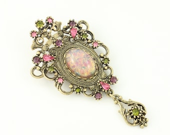 Vintage Sarah Coventry Contessa Brooch Pendant, Antiqued Gold Tone Pin Faux Opal Foil Back Pink Purple Green Rhinestones, Vintage Jewelry