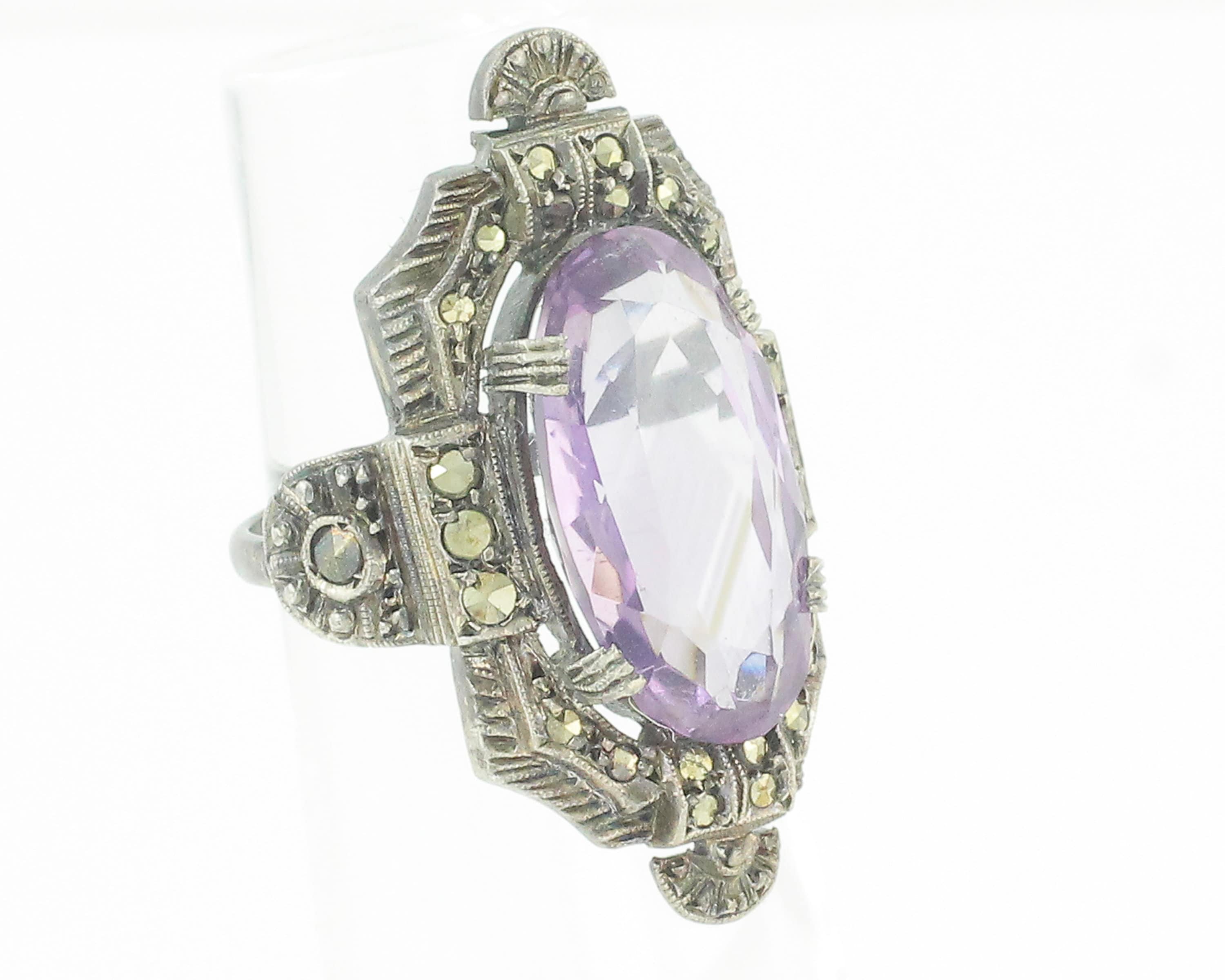 Art Deco Amethyst Statement Ring Sterling Silver Marcasite 5 CT