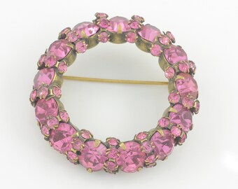 Vintage Warner Pink Rhinestone Circle Pin, 1950s Pink Rhinestone Wreath Brooch, Antiqued Gold Tone Pink Crystal Brooch, Vintage Jewelry