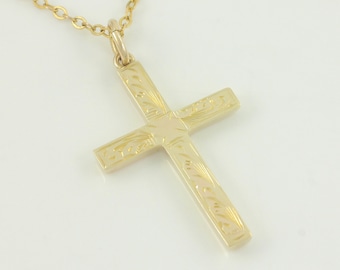 Vintage 9 CT Engraved Cross Necklace, 9 KT Gold Engraved Cross Pendant Necklace, B&S Birmingham 9CT Cross, Christening Gift, Vintage Jewelry