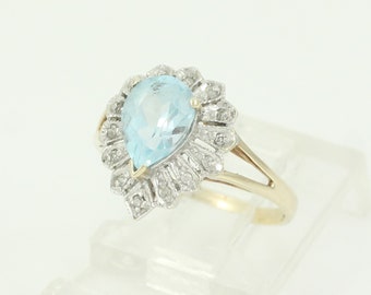 Vintage Blue Topaz Diamond Ring, 1.5 CT Blue Topaz 10K Statement Ring, Pear Topaz Ring Size 5.5 c1980, December Birthstone, Vintage Jewelry