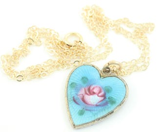 Vintage Blue Pink Enamel Rose Pendant Necklace, Sarah Coventry Enamel Rose Heart Charm Necklace, Romantic Gift, Gift for Her,Vintage Jewelry