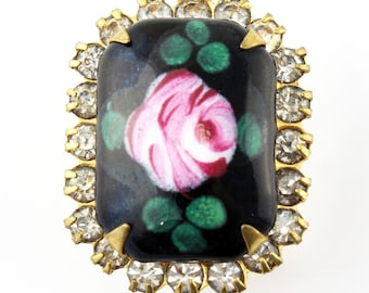 Vintage Enamel Pink Black Rose Rhinestone Pin, Vintage Pink Rose Brooch, Sweet Flower Pin c1950, Cottagecore Flower Pin, Vintage Jewelry