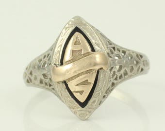 Vintage 10K White Gold Filigree Monogram Ring, 10K White and Yellow AS Signet Ring, VIntage Lady's Class Ring Size 8, Vintage Jewelry