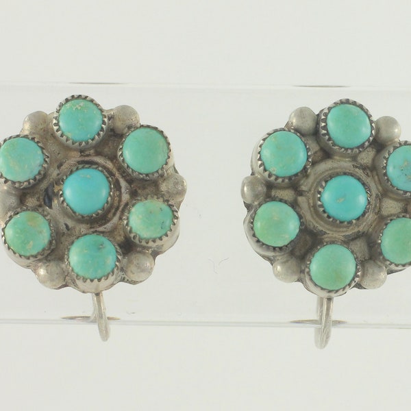 Vintage Sterling Turquoise Petit Point Earrings, 1950s Sterling Silver Turquoise Snake Eye Button Earrings, Vintage Southwestern Jewelry