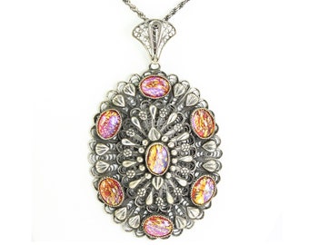 Vintage 800 Silver Filigree Pendant Dragons Breath Glass Cabochons, Large Oval Silver Filigree Statement Pendant from Egypt, Vintage Jewelry