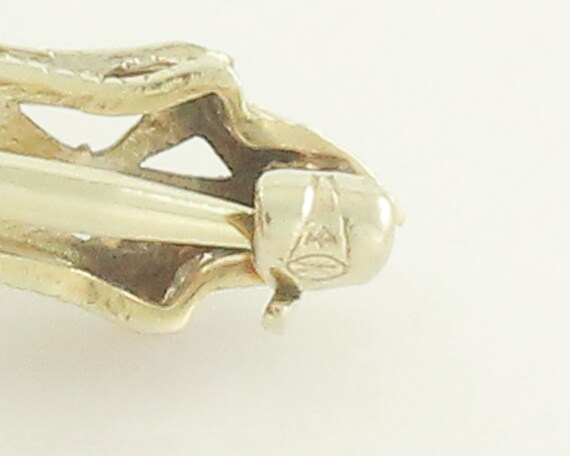 Edwardian 14K White Gold Filigree Bar Pin: Diamond and Lab-Created Sapphire Antique Brooch View 3