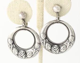 Vintage Repousse Rose Mexican Silver Hoop Earrings, Vintage Sterling Silver Dangle Earrings, Mexico Silver Pre-Eagle Drops, Vintage Jewelry