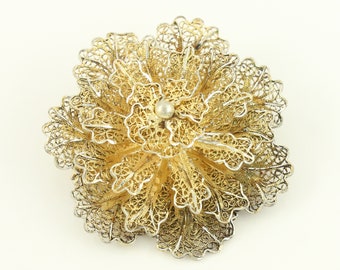 Vintage Sterling Silver Gilt Filigree Flower Brooch, Vintage 3-D Lacy Silver Vermeil Floral Pin, Vintage Jewelry, Estate Jewelry