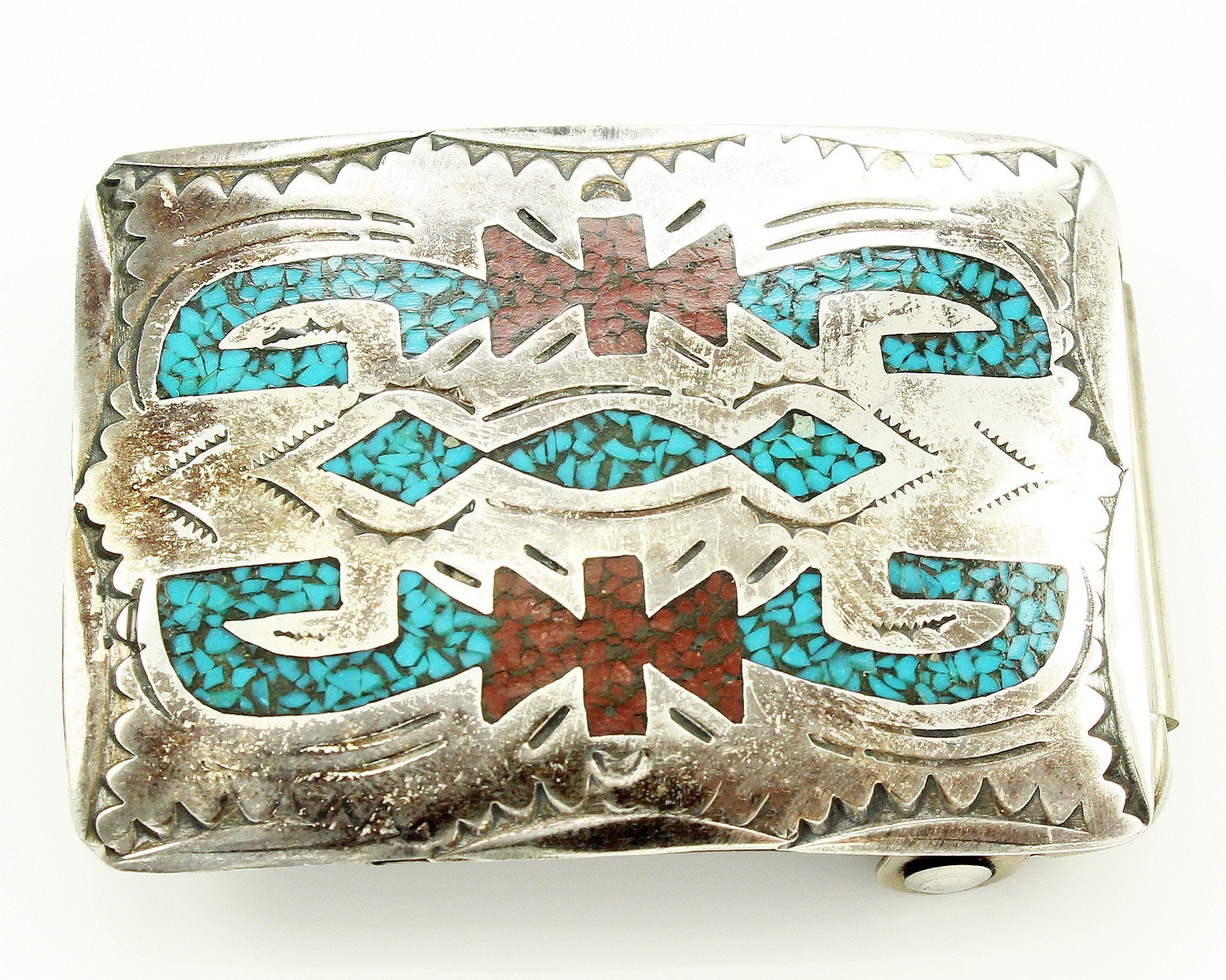 Amazing Vintage Native American Navajo Turquoise Coral Sterling Silver Geometric Bracelet Old Amazing Vintage Native American Navajo Turquoise Coral Sterling Silver Geometric Bracelet Old