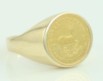 1981 1/10 Krugerrand 14K Men's Ring, Vintage 14K Mens Coin Ring, 14K Yellow Gold Krugerrand Ring, 14K Gold Size 13.5 Ring, Vintage Jewelry