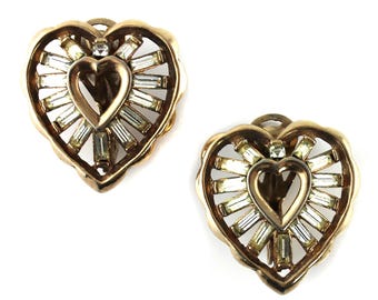Vintage Trifari Gold Tone Baguette Rhinestone Heart Earrings, 1960s Crown Trifari Baguette Rhinestone Clip Ons, Vintage Jewelry