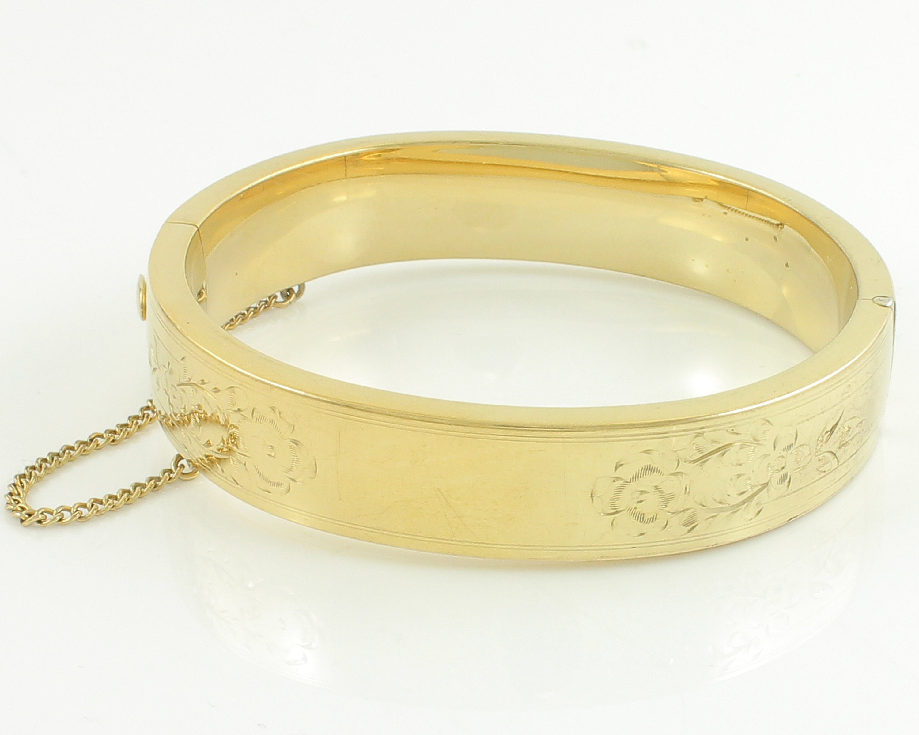 Vintage Floral Engraved Bangle Bracelet Ballou Co .5 Inch Wide Floral