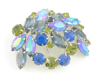 Vintage Blue Green Rhinestone Brooch, Vintage Capri Blue Olive Green AB Rhinestone Pin, Sixties Rhinestone Blue Green Pin, Vintage Jewelry