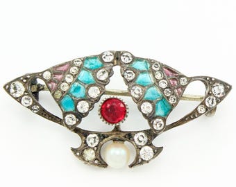Art Nouveau Silver Plique-a-Jour Enamel and Paste Antique Brooch, Jugendstil Sterling Plique a Jour Paste Lotus Flower Pin, Vintage Jewelry