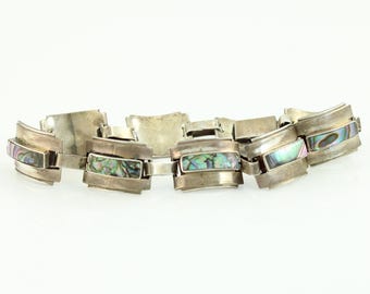 Vintage Taxco Silver Abalone Bracelet, L. Narvaez Mexican Sterling Abalone Bracelet, 1940s Taxco Sterling Mexico Bracelet, Vintage Jewelry