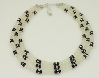 Vintage Vendome Black White 3 Strand Beaded Necklace, Vendome Art Glass and Rhinestone Triple Stand Bead Collar Necklace, Vintage Jewelry
