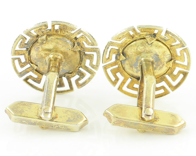 Circa 1950 Vintage Jewelry Greek Key Alexander the Great Meander Cuff Links Vintage Gilt on 800 Silver Cufflinks from Greece