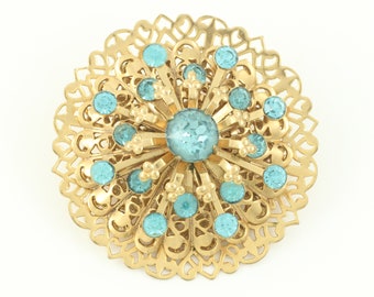 Vintage Coro Aqua Rhinestone Filigree Domed Brooch, Coro Filigree Blue Rhinestone Pin, 1960s Coro Brooch, Vintage Brooch, Vintage Jewelry