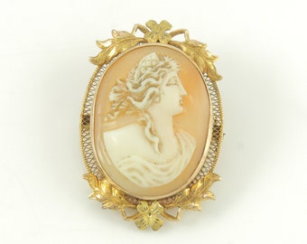 Antique 10K Carved Shell Cameo Brooch Pendant, Edwardian 10K Gold Lady Cameo Pin Filigree Flower Frame, Swift Fisher Cameo, Vintage Jewelry