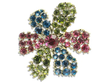 Mod Flower Power Rhinestone Brooch, Vintage Fuchsia Capri Blue Olivine Green Rhinestone Flower Pin, 1960s Vintage Brooch, Vintage Jewelry
