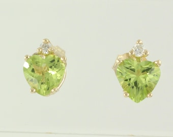 Vintage 14K Peridot Heart Diamond Earrings, Vintage 14K Gold Peridot Heart Studs Earrings, 1990s August Birthstone Earrings, Vintage Jewelry