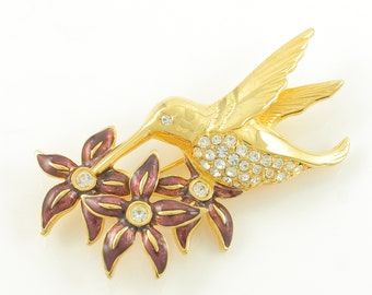 Vintage Swarovski Crystal Enamel Hummingbird Brooch, Swarovski Hummingbird Flower Pin, Swarovski Hummingbird Pin Swan Mark, Vintage Jewelry