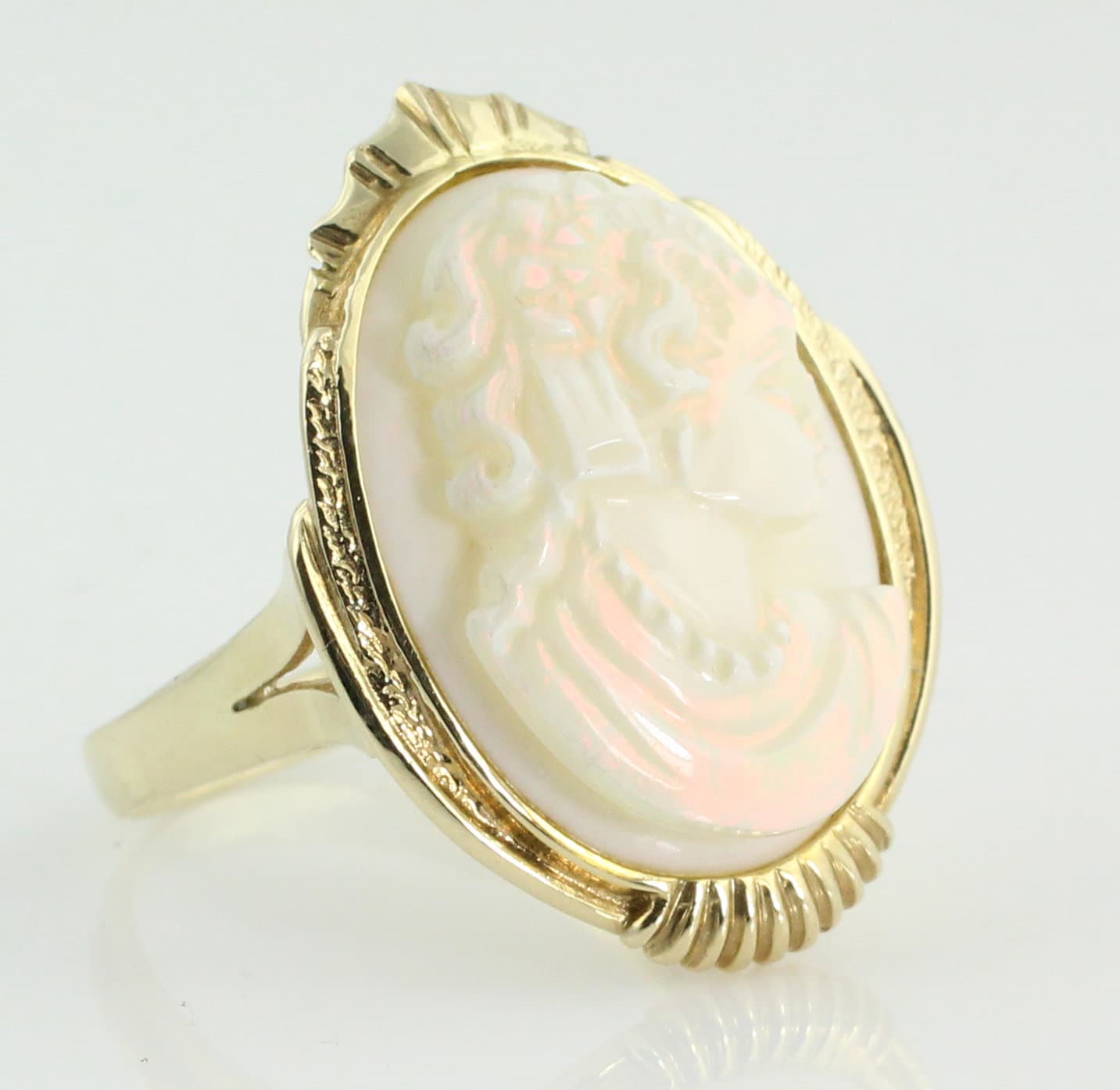 Opal Cameo Ring Hand Carved Lady Portrait 14K Yellow Gold Ring Size 7