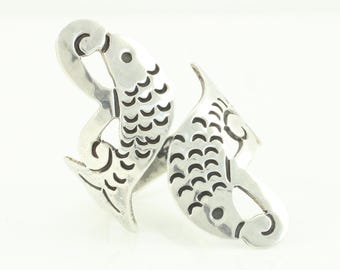 Vintage Mexican 925 Silver Double Koi Ring, 1940s Mexico Silver Snake Ring Size 7.5, Taxco Silver Fish Bypass Ring Eagle 2, Vintage Jewelry