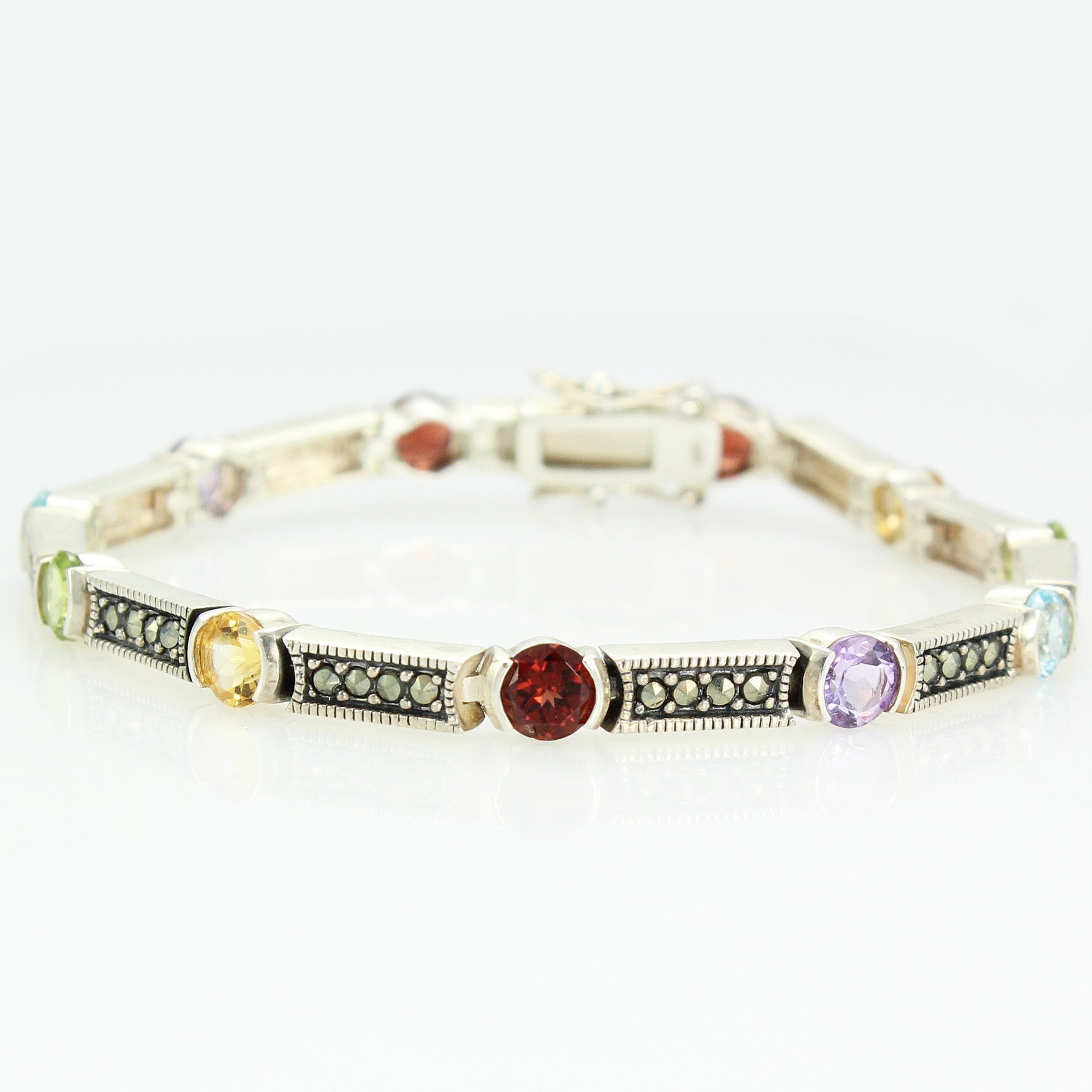 Sterling Silver Multigem Link Bracelet with Garnet Amethyst