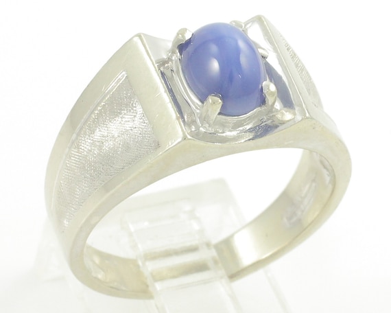 Vintage Star Sapphire Ring for Man, 14K White Gol… - image 1