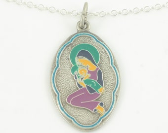 Vintage Madonna & Child Sterling Enamel  Medal, 925 Sterling Silver Enamel Religious Medal 20 in Necklace Chain, 925 Medal, Vintage Jewelry