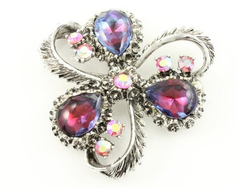 Vintage Bicolor Blue Fuchsia Rhinestone Brooch, Buff Top Purple Pink Rhinestone Pin, Silver Tone Bicolor Rhinestone Brooch, Vintage Jewelry