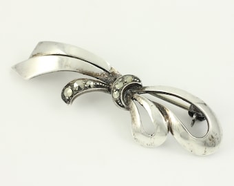 Vintage Sterling Silver Marcasite Bow Brooch, Vintage 935 Silver Ribbon Pin, Dainty 935 Silver and Marcasite Brooch, Vintage Jewelry