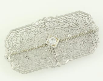 Edwardian 14K Filigree Spinel Brooch, Vintage 14K White Gold Spinel Filigree Rectangular Pin, Antique 14K White Gold Pin, Vintage Jewelry