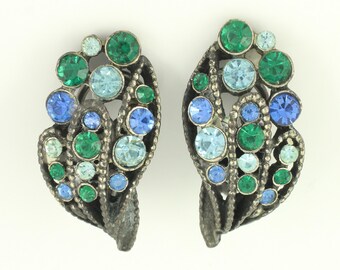Vintage Kramer of New York Green Blue Rhinestone Earrings, 1960s Kramer Green Blue Rhinestone Pewter Tone Clip On Earrings, Vintage Jewelry