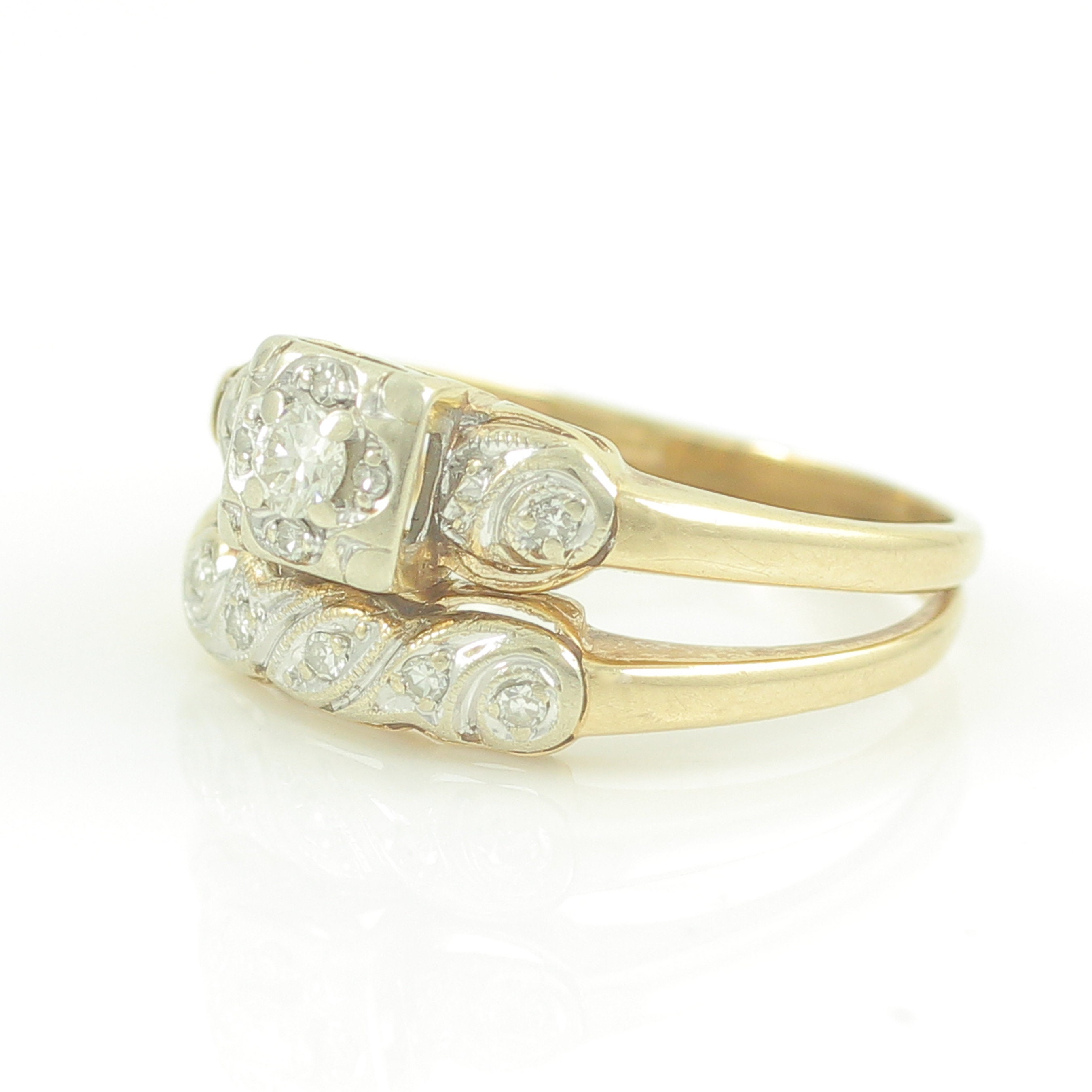 Vintage 14K Diamond Engagement Ring Wedding Band Set, 14K .18CT Diamond  Bridal Set circa 1950, Wedding Ring 3.2g Size 6.75, Vintage Jewelry