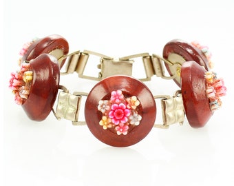 Vintage Wood Celluloid Flower Link Bracelet, WWII Era Wooden Celluloid Bracelet, Forties Wood Plastic Floral Bracelet 1940s, Vintage Jewelry