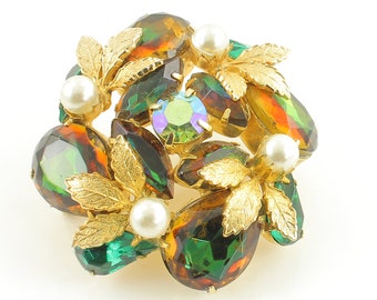 Green Brown Bi-Color Rhinestone Faux Pearl Cluster Brooch - Dimensional Round Pin Gold Tone Leaves - Unsigned Beauty c1960 - Vintage Jewelry