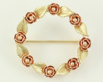 Vintage 14K Rose Yellow Gold Circle Pin, Dainty Vintage 14K Floral Brooch, 1960's 14K Flower Wreath Pin, Vintage Jewelry, Vintage 14K Brooch