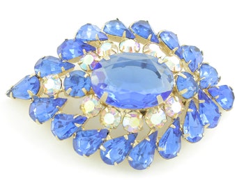 Royal Blue and Aurora Borealis Rhinestone Brooch - Large Gold Tone Crystal Pin - 3 Inches c1960 - Unsigned Beauty - Vintage Costume Jewelry