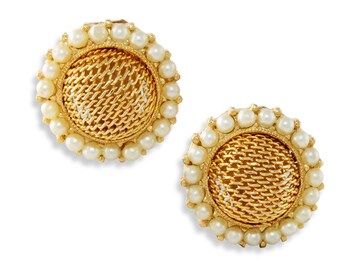 Vintage Kramer Gold Tone Faux Pearl Earrings, Vintage 1960s Kramer Mesh Dome Faux Pearl Earrings, Kramer Clip On Earrings, Vintage Jewelry