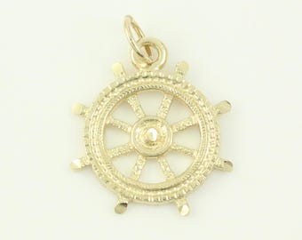 Vintage 14K Ships Wheel Charm, 1980s Diamond Cut 14K Nautical Pendant, Vintage Solid 14K Ships Wheel Necklace Charm, Vintage Jewelry