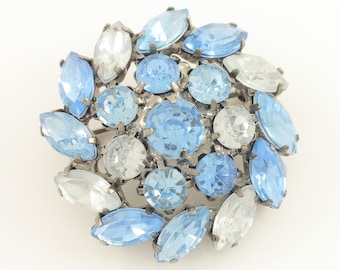 Beautiful Blue and Clear Rhinestone Brooch - Round Gunmetal Gray Pin Pendant - Round and Navette Foil Back Crystal - Vintage Costume Jewelry