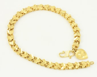 Vintage 21K Yellow Gold Heart Link Bracelet, Vintage 21K Gold Diamond Cut Bracelet, 21K Heart 7.5 in Bracelet 13.5g c1980, Vintage Jewelry