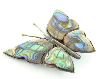 Mexican Abalone Sterling Butterfly Brooch, Vintage Mexico 925 Silver Shell Butterfly Abalone Pin, Mexican Silver Jewelry, Vintage Jewelry