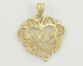 Vintage 14K Mom Pendant, 14K Mom Filigree Heart Pendant, 14K Yellow Gold Mom Heart Pendant, 14K Mom Charm, 1980s Mom Pendant,Vintage Jewelry