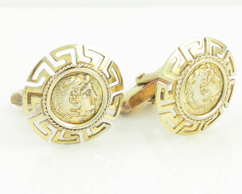 Circa 1950 Vintage Jewelry Greek Key Alexander the Great Meander Cuff Links Vintage Gilt on 800 Silver Cufflinks from Greece