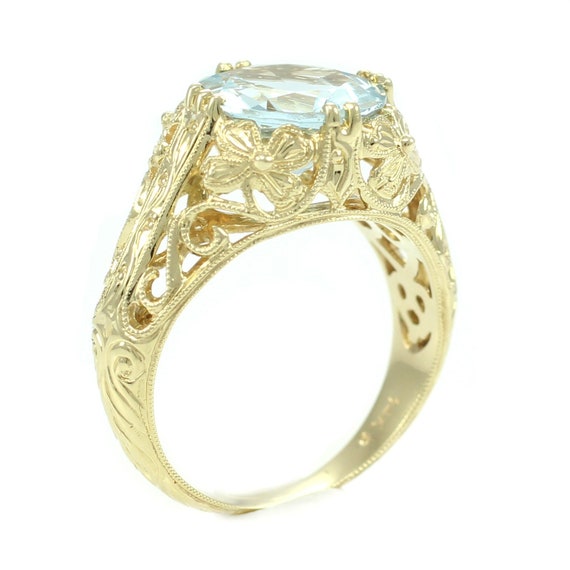 14K Aquamarine Floral Filigree Ring, 14K Aquamari… - image 1