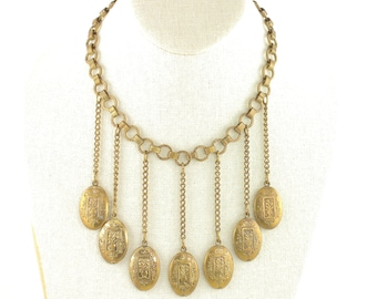 Art Deco Festoon Necklace with Oval Dangle Ornaments Book Chain - 16 inch Long with 3.25 inch Drop - 1930s Brass Collar - Vintage Jewelry